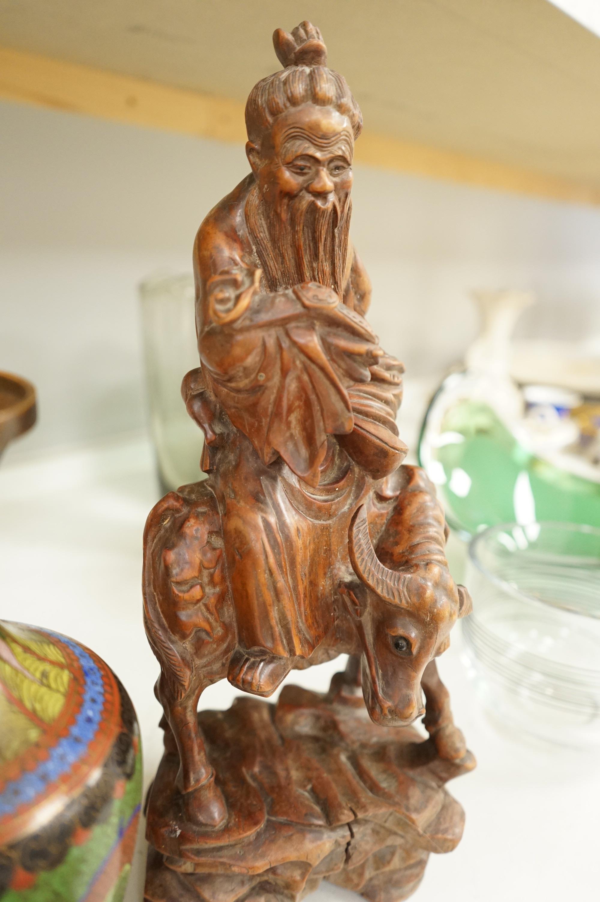 A Japanese cloisonné enamel dish, a Chinese cloisonné enamel vase and three Chinese carved wood figures, largest 39cm high
